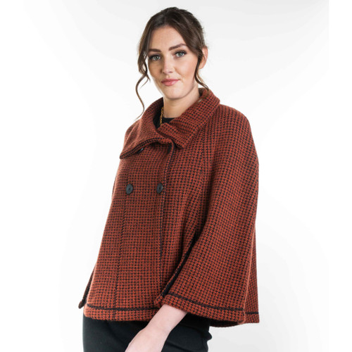 Koru - Merino and Possum Double Breasted Cape (KO566) Black/Sienna