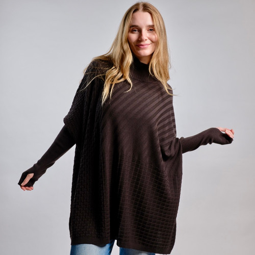 Woman wearing Country Laine - Merino Textured Sloppy Joe (CL0059) in the colour Chocolate.