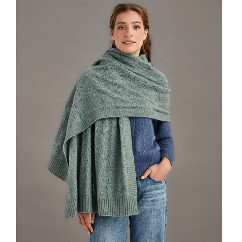 Woman wearing McDonald - Merino & Possum Herringbone Lace Shawl (5060) in the colour Mint. Woman wearing McDonald - Merino & Possum Herringbone Lace Shawl (5060) in the colour Mint.