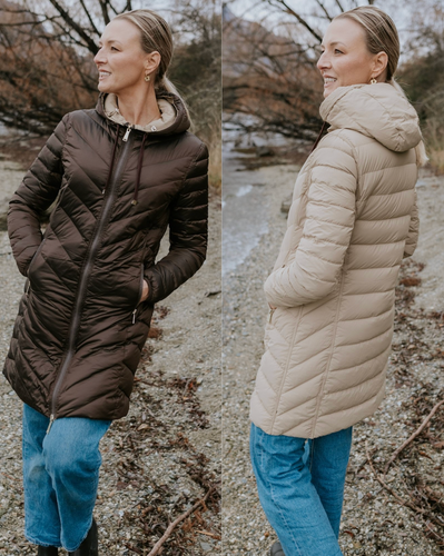 Collage of two photos of wearing Moke - Arnie Reversible Packable Down Coat (ARNIE) in colour Chocolate/Palomino.