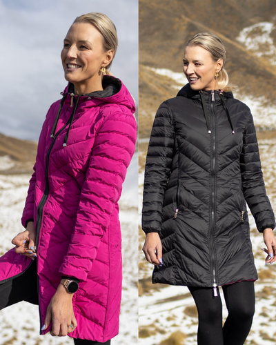 Collage of two photos of wearing Moke - Arnie Reversible Packable Down Coat (ARNIE) in colour Black/Rose Violet.