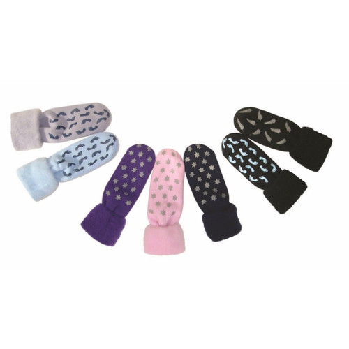 Left to right colours: Lilac Feet, Powder Blue with Feet, Purple Stars, Pink Stars, Navy Stars, Black/Blue Feet and Black Ferns.