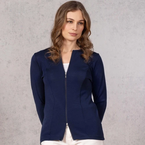 Woman wearing zipped Catherine Cardigan in Navy.