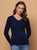 Woman wearing vee neck top in colour Navy