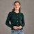 Woman wearing McDonald - Merino & Possum Patchwork Cardigan (5062) in the colour Forest. Woman wearing McDonald - Merino & Possum Patchwork Cardigan (5062) in the colour Forest.