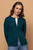 Woman wearing zipped Catherine Cardigan in Everglade.