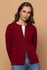 Woman wearing zipped Catherine Cardigan in Bordeaux.