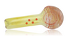 RED EYE GLASS PIPE FUMED WITH ORANGE DOTS AND LINES WITH BUILT IN ASHCATCHER