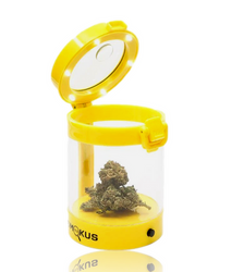 Yellow Smokus Focus Middleman LED Light Magnifying Jar Open with Flower Yellow Smokus Focus Middleman LED Light Magnifying Jar Open with Flower