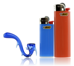 Blue 2" Mini Glass Sherlock With Horns Beside Both Sizes of Bic Lighters for size comparison Blue 2" Mini Glass Sherlock With Horns Beside Both Sizes of Bic Lighters for size comparison