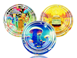 Pulsar Design Series Round Glass Ashtrays: Garden of Cosmic Delight, Planet Fungi , and Sunshine Road