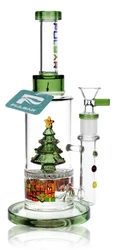 10" Pulsar Presents Under the Tree glass water pipe front view featuring decorated Christmas tree, wrapped presents, green glass accents and 14mm herb slide