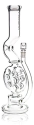 18" Pulsar Swiss Perc Kink Neck glass water pipe angled view showing circular Swiss percolator, sculpted neck, clear glass base and 14mm herb slide