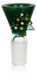 14mm Christmas Tree glass herb slide with deep green bowl, raised Christmas tree, red, yellow and white ornaments, clear stem and frosted male joint