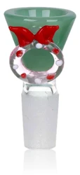 14mm Christmas Wreath glass herb slide with green bowl, clear decorative wreath, red bow, red and white accents and frosted male joint