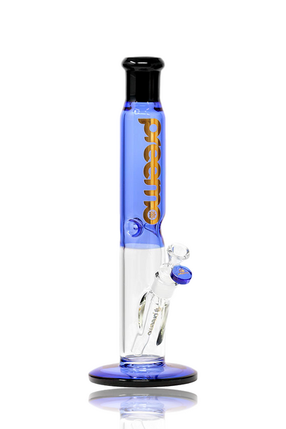 14" Preemo Glass Clear & Violet Blue Straight Tube with Black Mouth Piece Quarter Right.