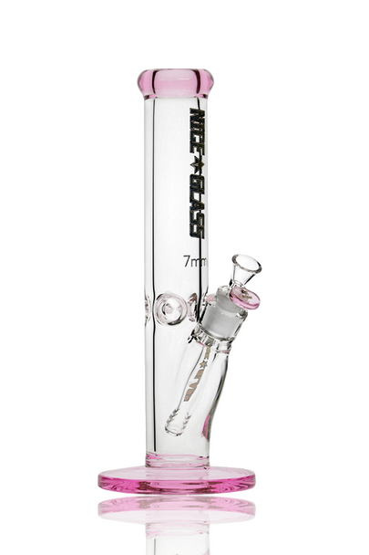 12" Nice Glass Pink 7mm Straight Tube With Ice Pinch Quarter Right.