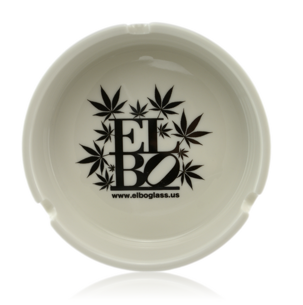 Elbo Ashtray White With Black Logo Lettering Top View