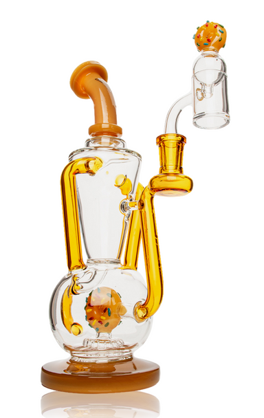 11" Jade Yellow Red Eye Glass Dunker Donut Recycler with Matching Carb Cap.