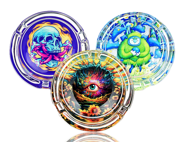Pulsar Design Series Round Glass Ashtrays: Magic Skullshroom, Sunflower of the Mind, and Remebering How to Listen