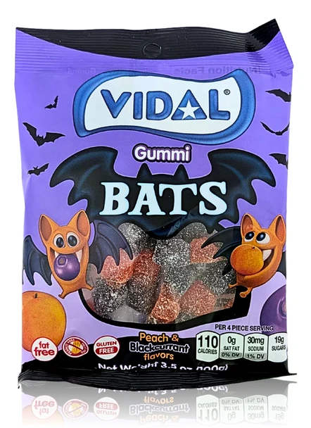 Front of package of Vidal Gummi Bats Peach & Blackcurrant 3.5 oz