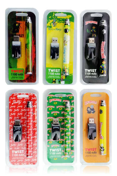 Assorted TWIST 1100mAh adjustable voltage 510 batteries with graphic designs and USB chargers