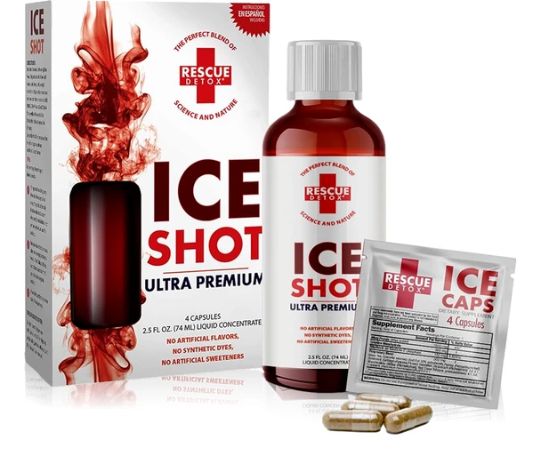 Rescue Detox Ice Shot Ultra Premium 2.5oz liquid concentrate with four Ice Caps capsules and retail package