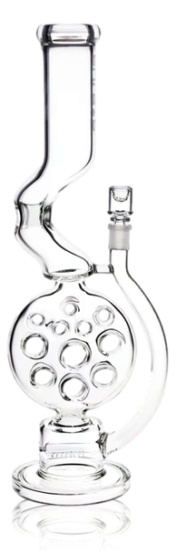 18" Pulsar Swiss Perc Kink Neck glass water pipe front view with circular Swiss percolator, kinked neck, wide base and matching 14mm herb slide