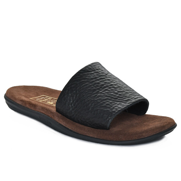 靴  SLIPPER Suede Slide Sandal Classic Bull Hide Slide Suede Insole Black - Island Slipper