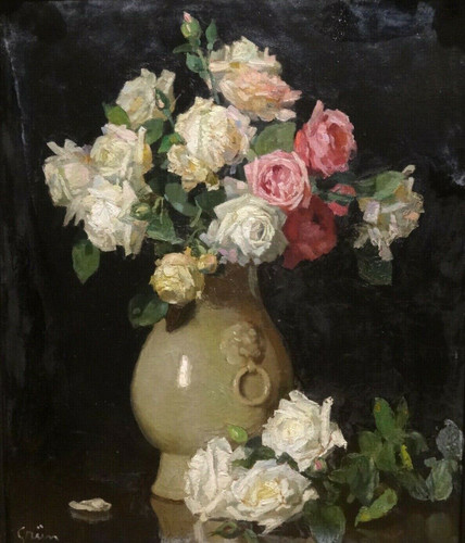 Large 19th Century Still Life Roses In A Vase Flowers Jules Alexandre GRUN