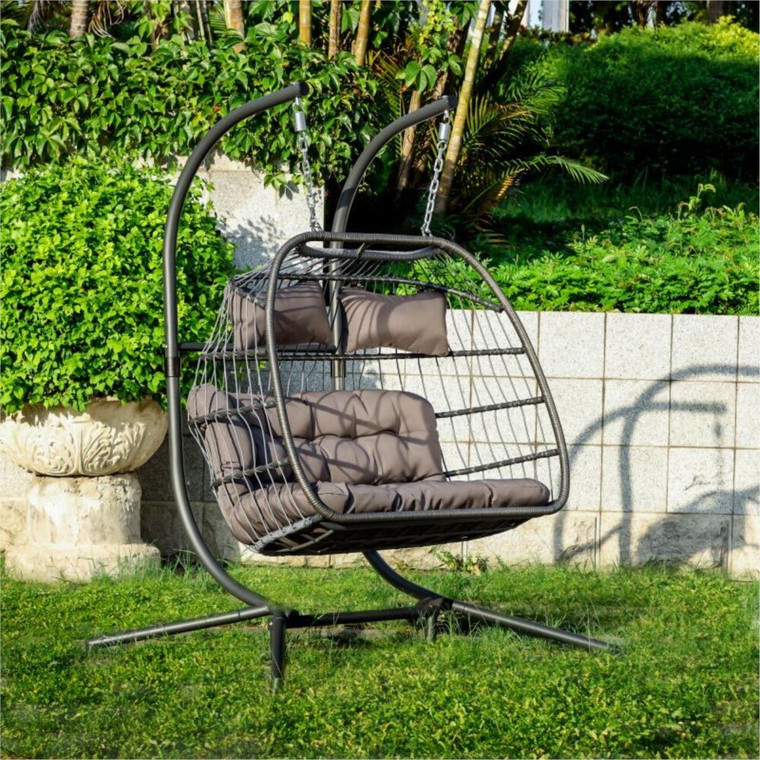 With Fabric Cushion Double Wicker Large Hanging Egg Chair Outdoor Waterproof Rattan Patio Furniture 2 Person X Large Swing Chair|Patio Swings|