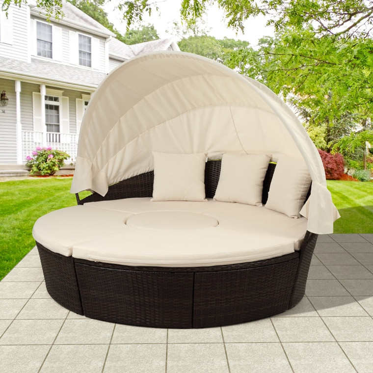 Patio Furniture Round Outdoor Sectional Sofa Set Rattan Daybed Sunbed with Retractable Canopy, Separate Seating|Garden Furniture Sets|
