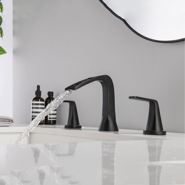 Modern Lavatory Black Faucet 3 Holes 8 Inch Widespread with Pop Up Sink Drain