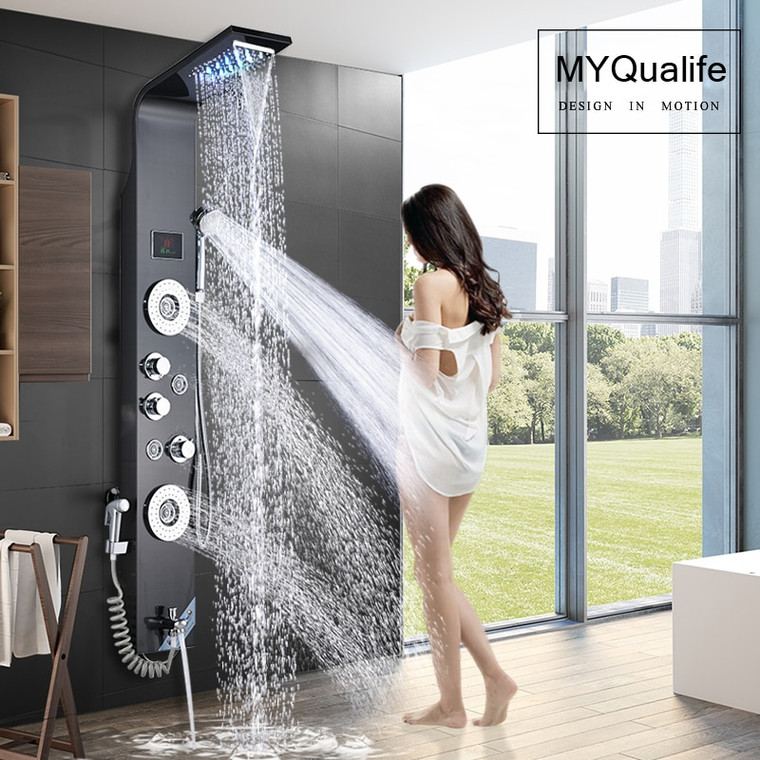 Black Led Light Shower Faucet Bathroom Spa Massage Jet Shower Column System Waterfall Rain Shower Panel Bidet Sprayer Tap