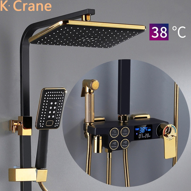 Hot Cold Shower System Bathroom Led Digital Shower Set Wall Mount Smart Thermostatic Bath Faucet Square Head Spa Rainfall