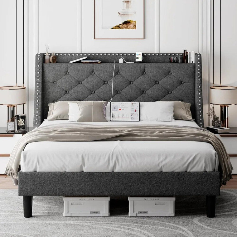 Bed Frame with Luxury Wingback Upholstered Button Tufted Storage Headboard