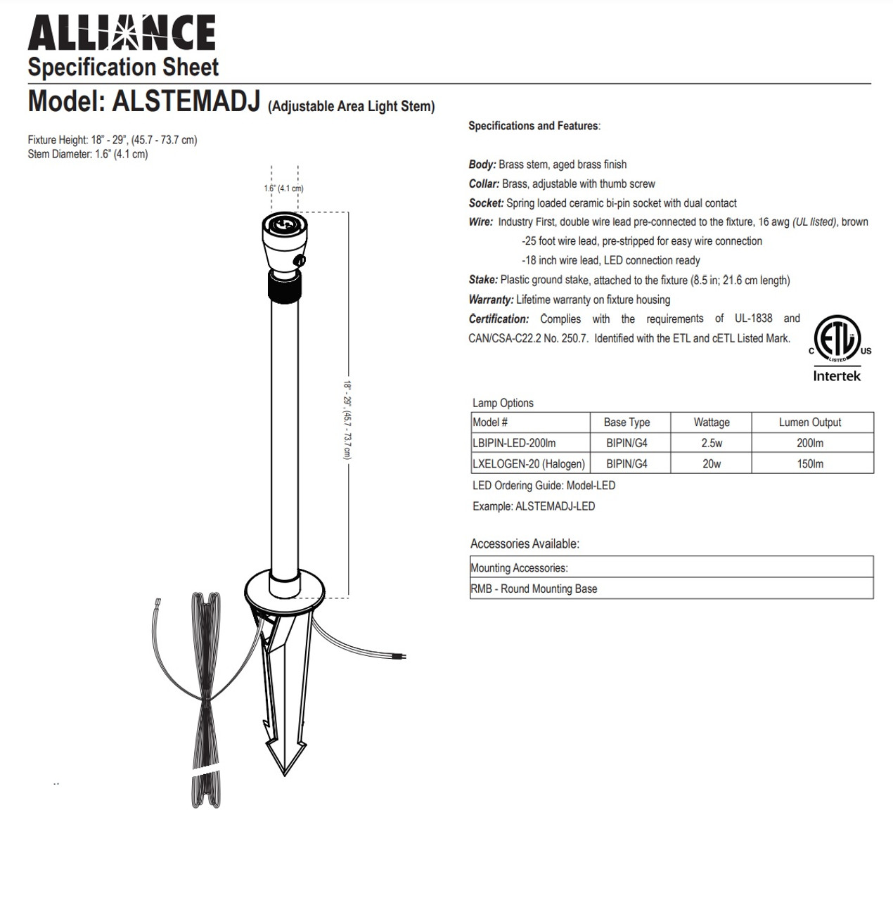 18-29" Alliance Lighting Adjustable Stem (FREE SHIPPING)