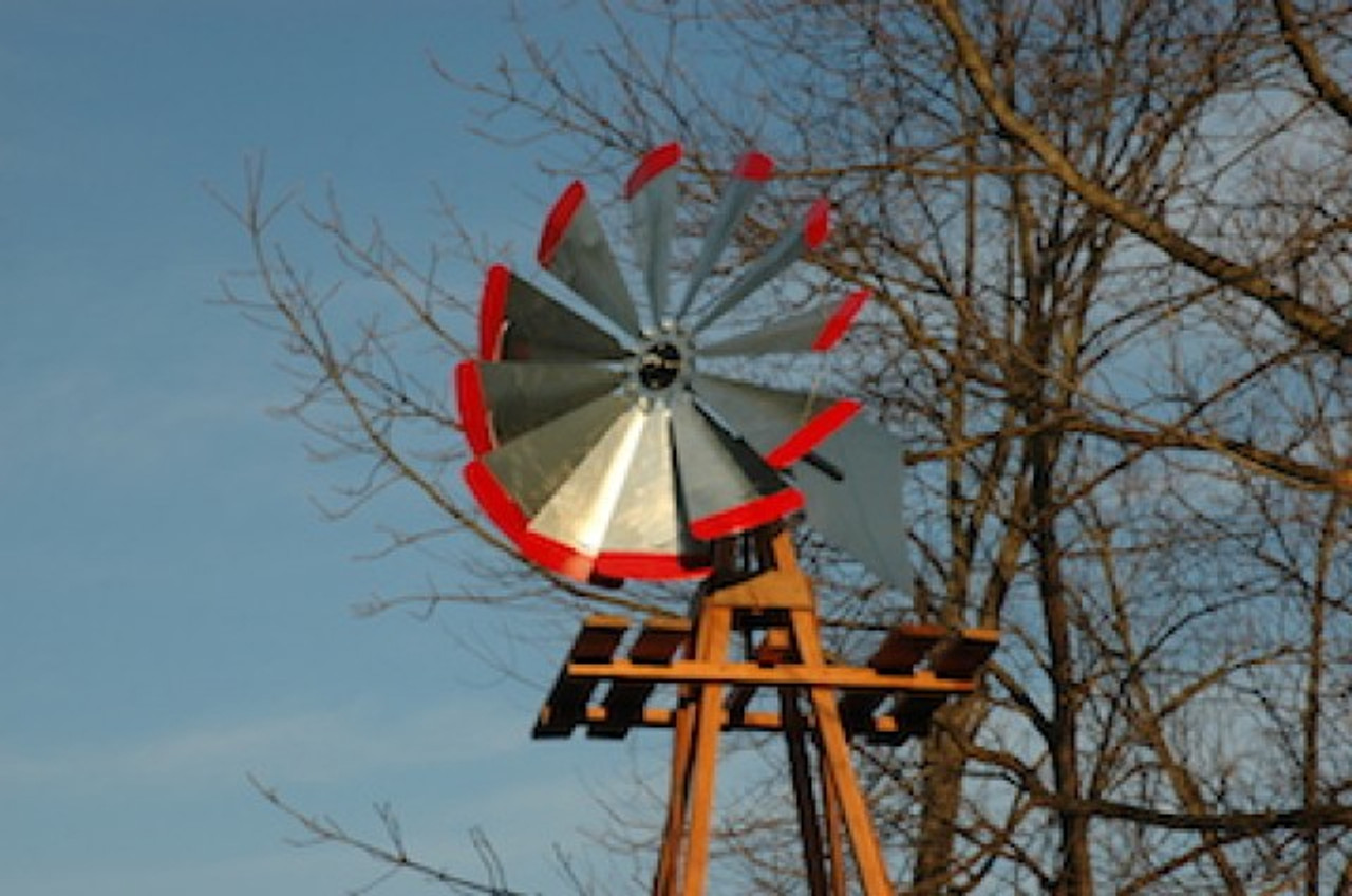 Outdoor Water Solutions Small Wood Backyard Windmill w/ Red Tip Blades