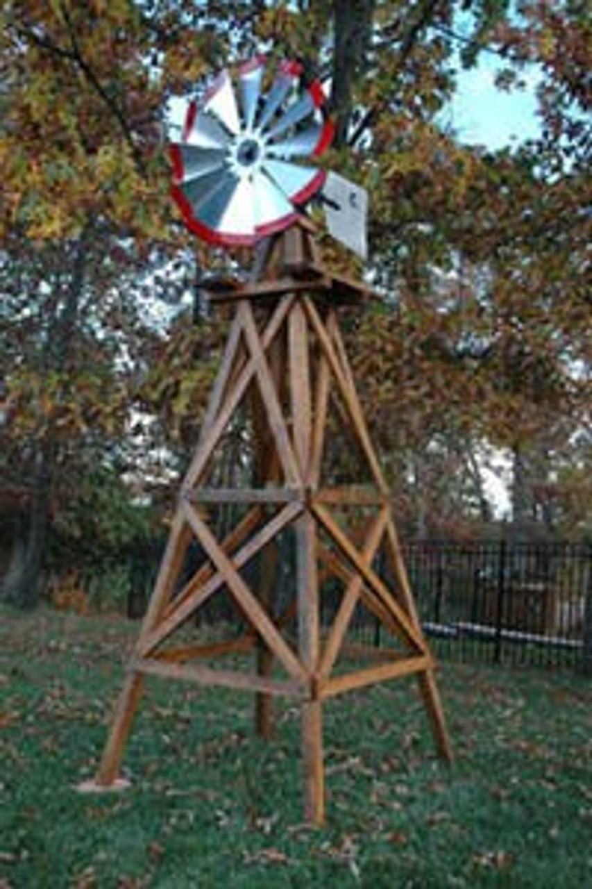 Outdoor Water Solutions Small Wood Backyard Windmill w/ Red Tip Blades