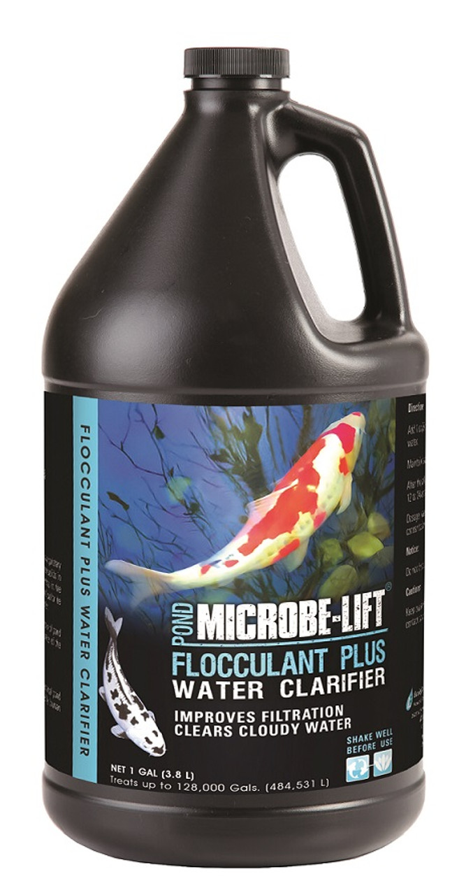Microbe-lift Flocculant is a proprietary formulation (polymeric blend) used to coagulate suspended solids in the pond water.  After use, particles in the water settle to the bottom of the pond and/or filter out through the filter system.