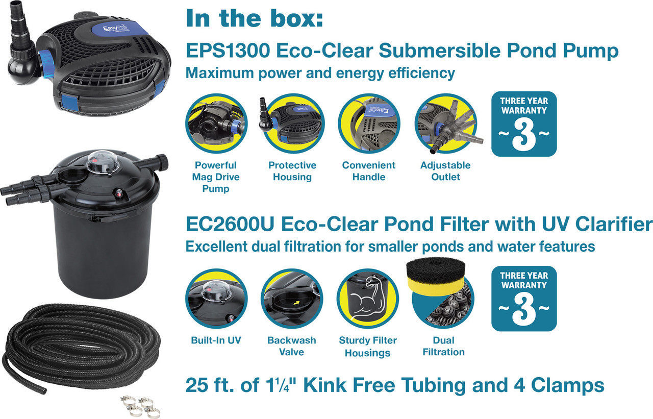 EasyPro Eco-Clear Pond Filtration Kit -  EC2600U, EPS1300, tubing and clamps - Up to 1300 gallons (FREE SHIPPING)