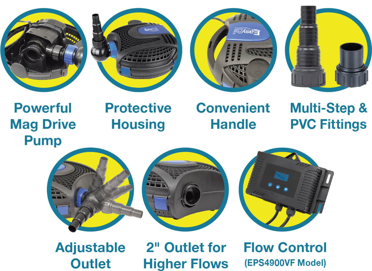 There are five Eco-Clear pump models to choose from with a range of flows from 1400 to 4850 gallons per hour. These pumps are perfect for pond and waterfall applications.