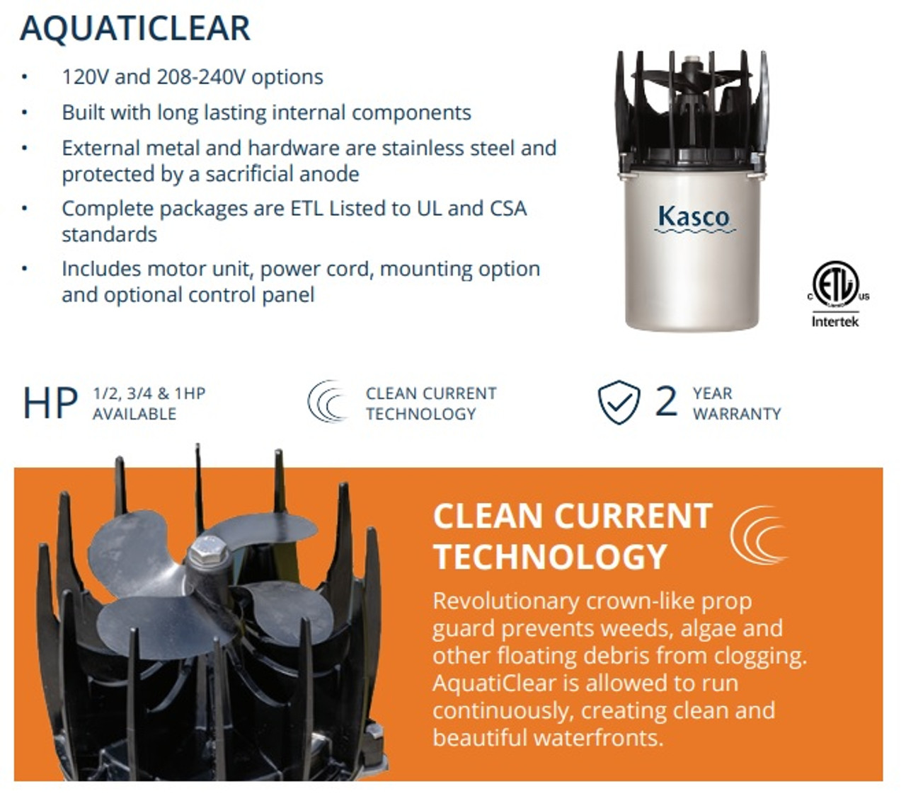 1/2 HP Kasco AquatiClear Clog Resistant Circulator - NO MOUNT (FREE SHIPPING)