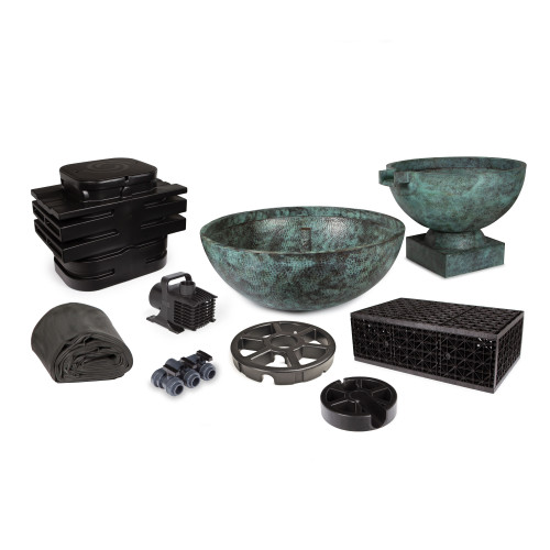 Atlantic 30- and 36-Inch Verde Brass Hammered Bowl Fountain Kit; decorative stonework and landscaping not included