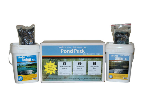 Outdoor Water Solutions Pond Pack is a kit containing three “all natural” products designed to help keep your pond clean.