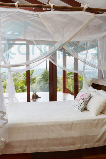 Bed Canopy suspended from ceiling on bamboo frame
