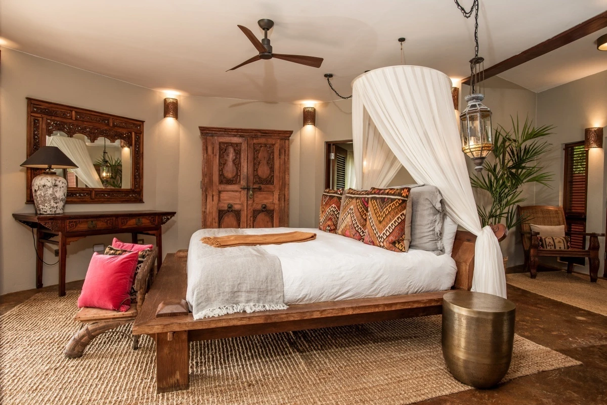 Cotton temple and box bed canopies at Baraka Point Resort, British Virgin Islands