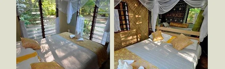 Sheer box bed canopy at Dolphin Bay Divers Retreat, Taveuni, Fiji