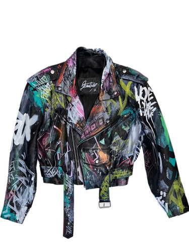 Abstract tagged cropped leather