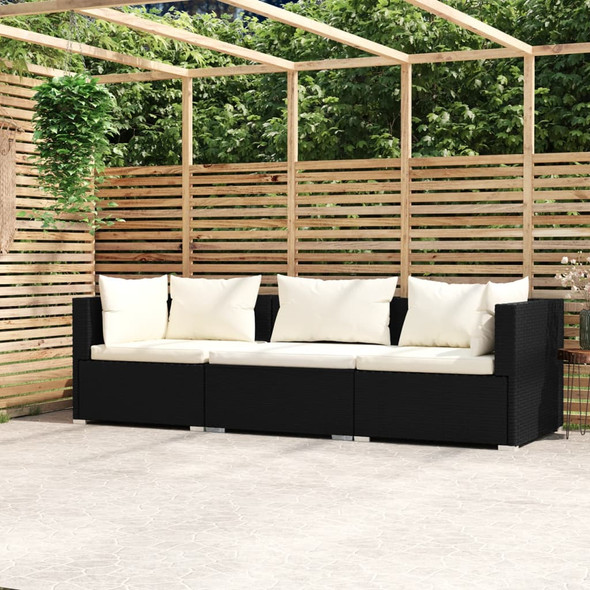 3-Seater Sofa with Cushions Black Poly Rattan